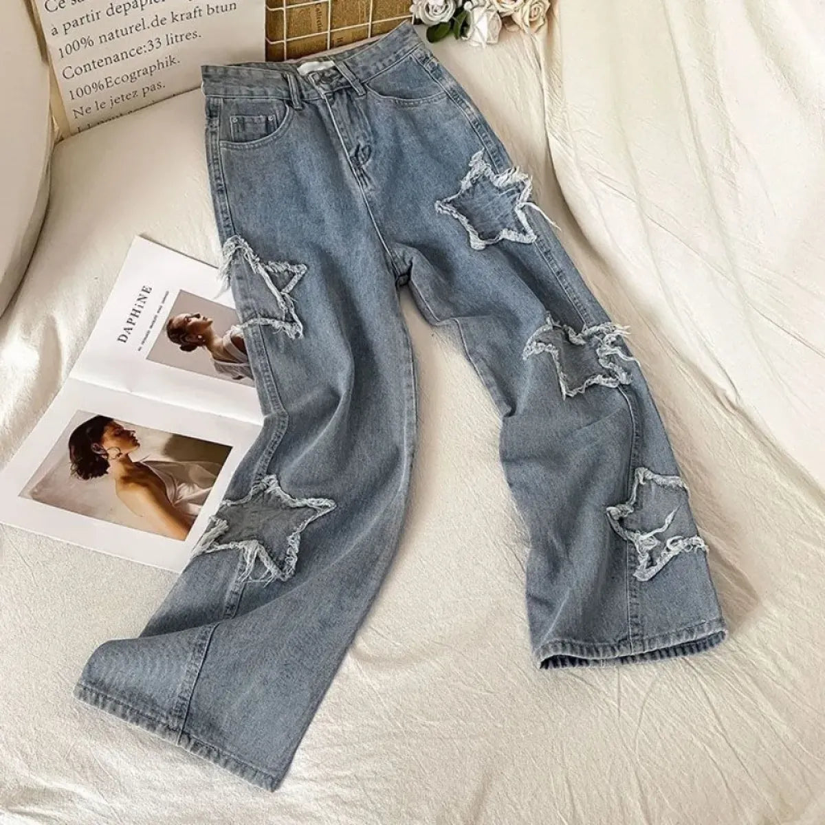 Star Patch Ripped High Waist Straight Leg Jeans – Women&