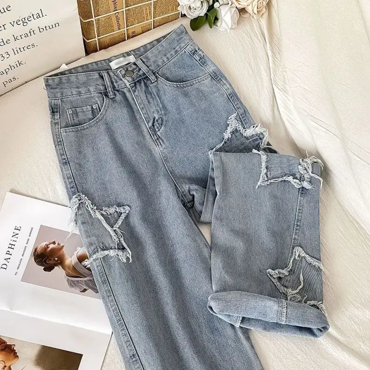 Star Patch Ripped High Waist Straight Leg Jeans – Women&