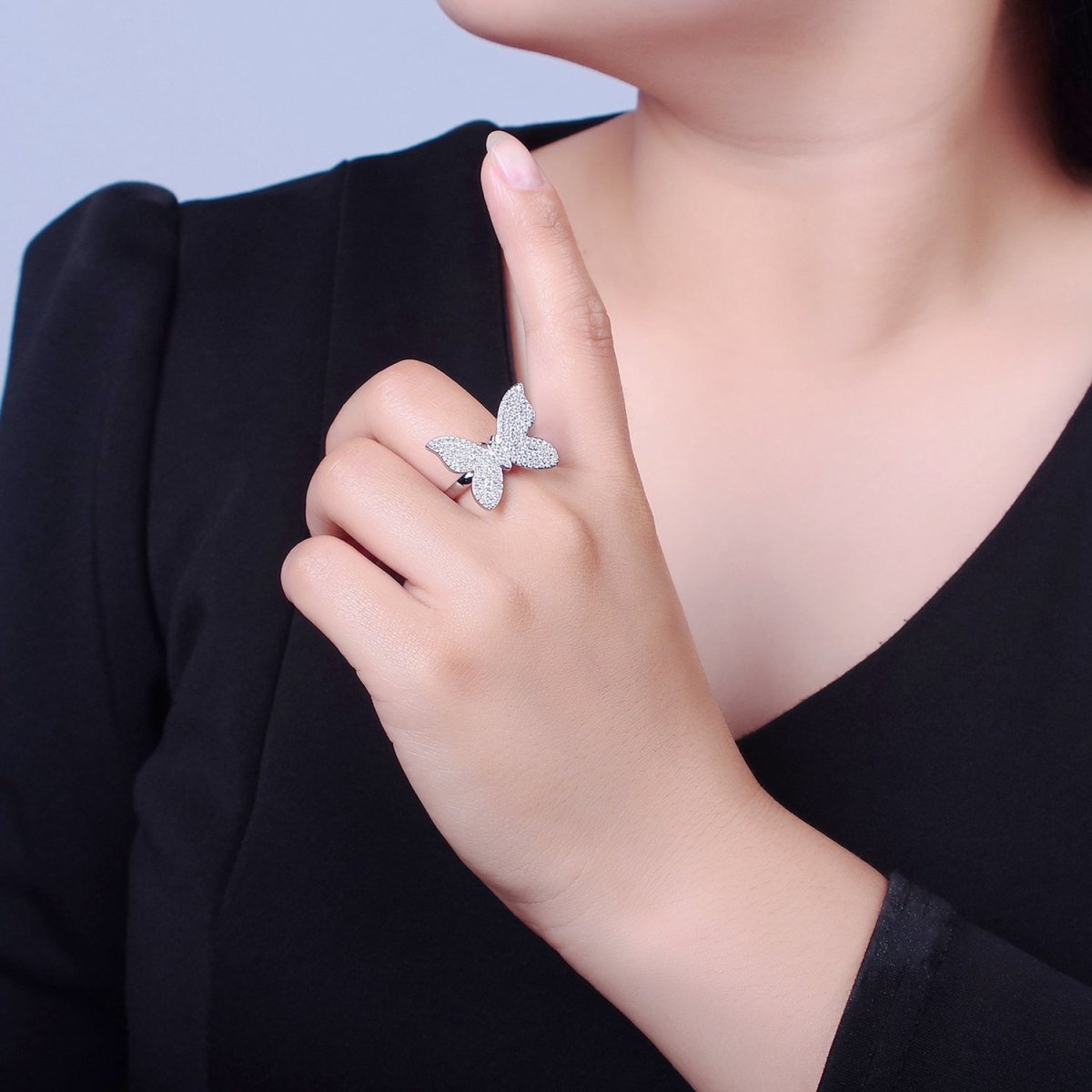 Statement Big Mariposa Ring Gold Pave Silver Butterfly Ring Open Adjustable Jewelry O-2229 O-2230
