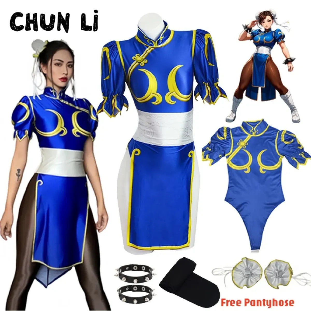 Chun Li Cosplay Costume โ Street Fighter Blue Cheongsam Set with Headdress