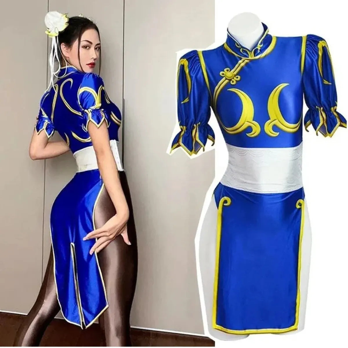 Chun Li Cosplay Costume โ Street Fighter Blue Cheongsam Set with Headdress