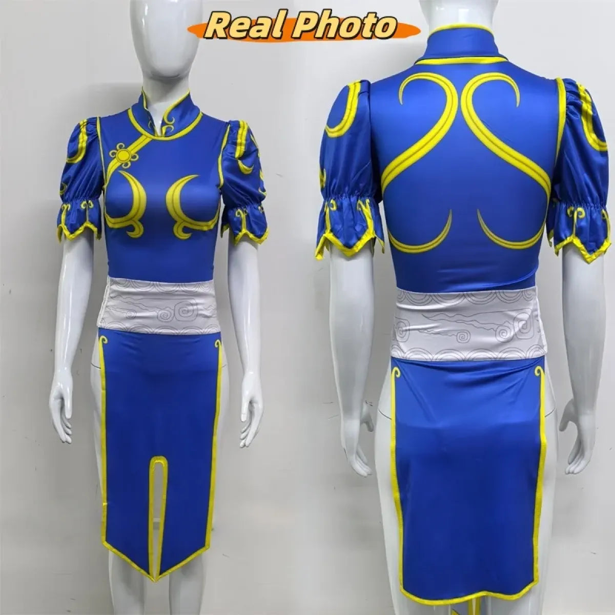 Chun Li Cosplay Costume โ Street Fighter Blue Cheongsam Set with Headdress