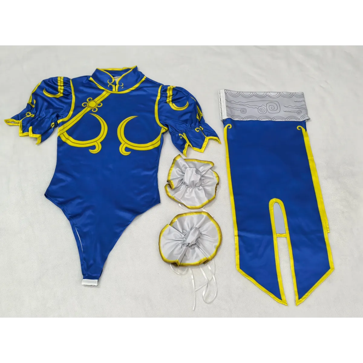 Chun Li Cosplay Costume โ Street Fighter Blue Cheongsam Set with Headdress