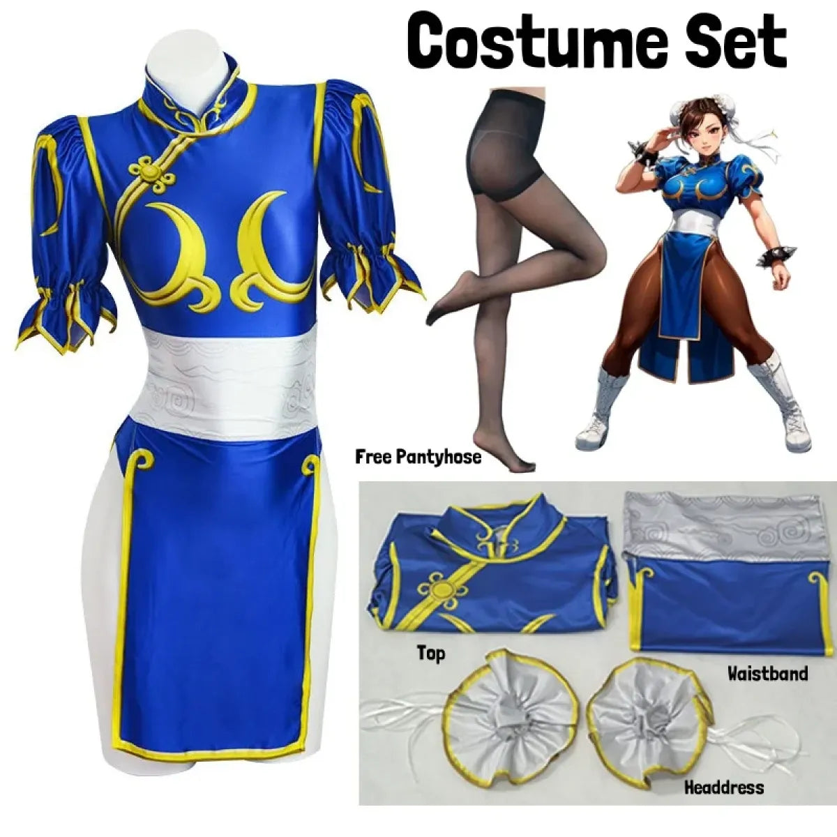 Chun Li Cosplay Costume โ Street Fighter Blue Cheongsam Set with Headdress