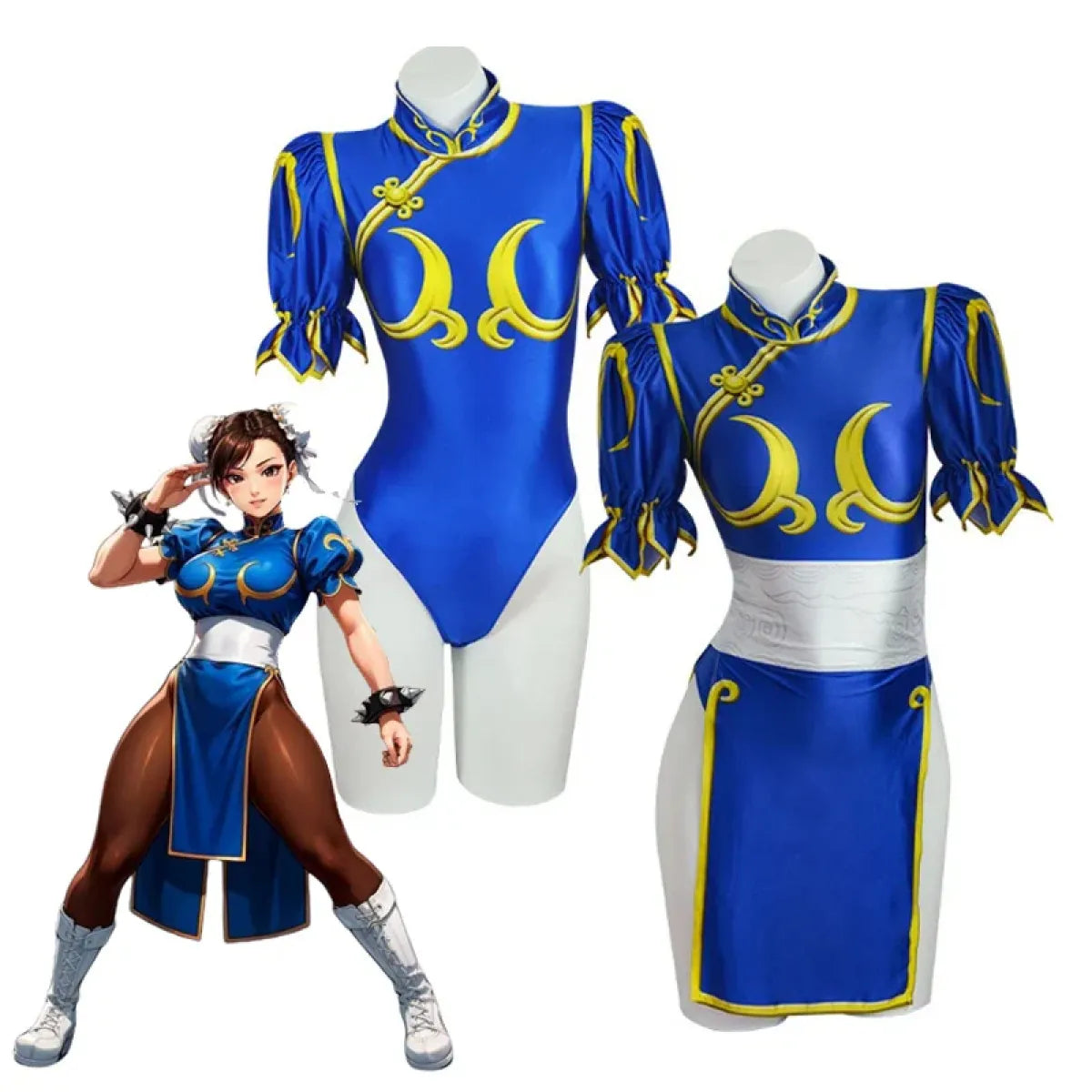 Chun Li Cosplay Costume โ Street Fighter Blue Cheongsam Set with Headdress