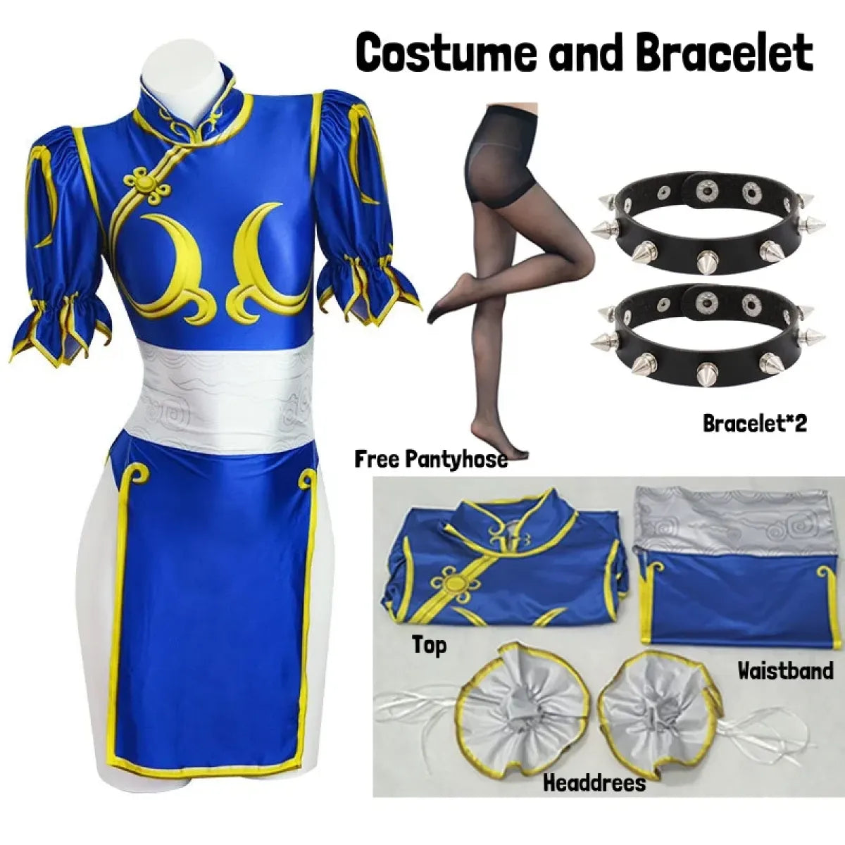 Chun Li Cosplay Costume โ Street Fighter Blue Cheongsam Set with Headdress