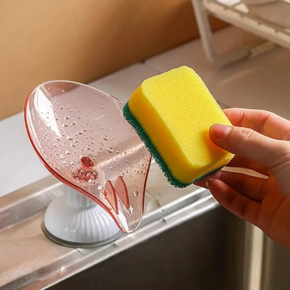 Suction Cup Soap Dish Holder Leaf-Shape Self-Draining Soap Saver Box Not Punched for Shower Bathroom Kitchen Soap Dishes Sponge Container with Suction Cup Leaf Shape Self Draining for Bathroom Kitchen Sink