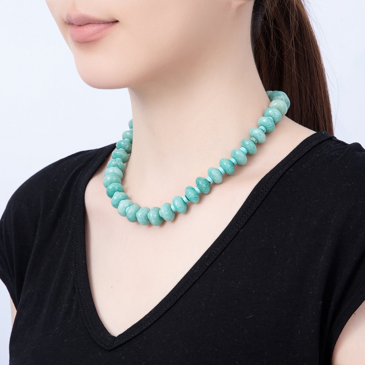 SUMMER 16K Gold Filled 14mm Blue Turquoise Amazonite Rondelle Gemstone 18 Inch Chain Necklace | WA-00247