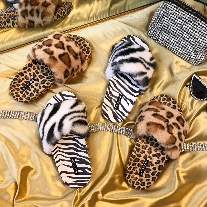 Summer Black White Leopard Print Fur Slippers For Women&
