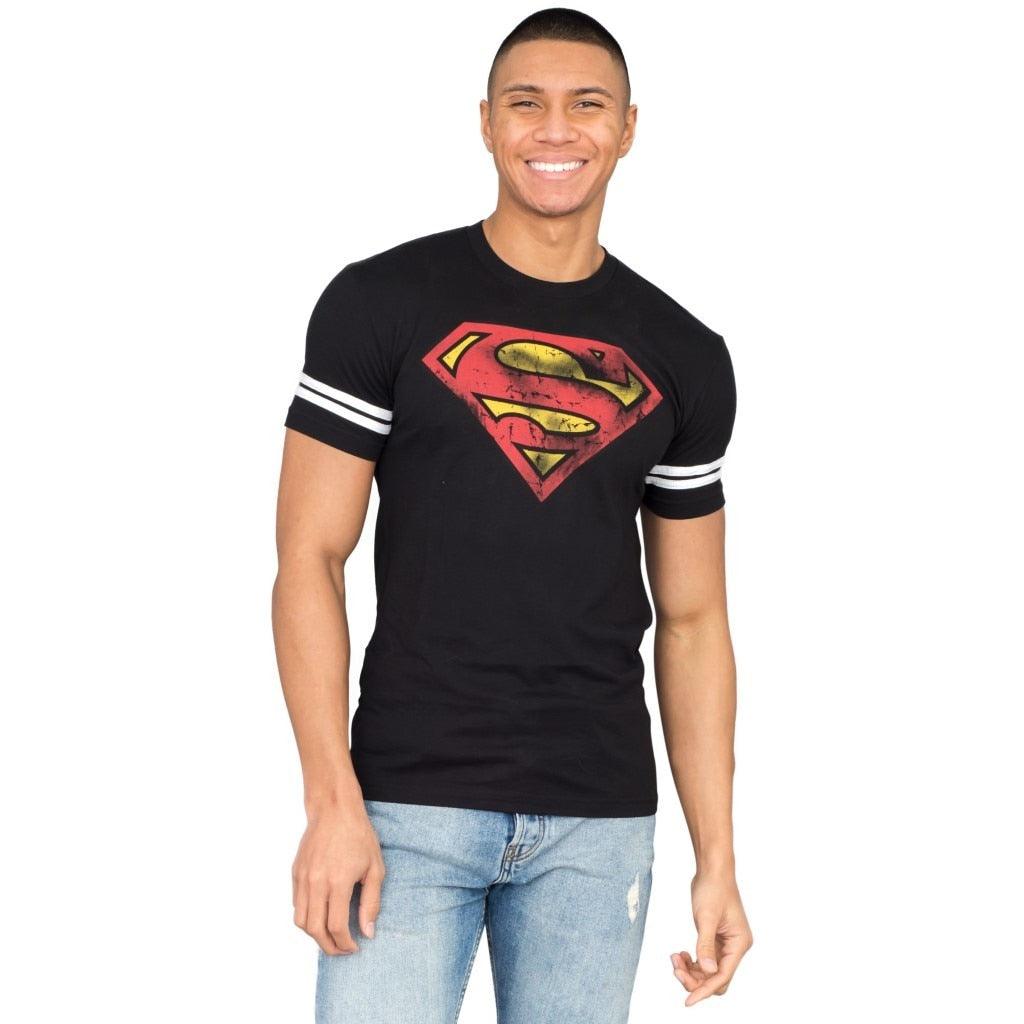 Superman Distressed Logo With Striped Sleeves T-shirt