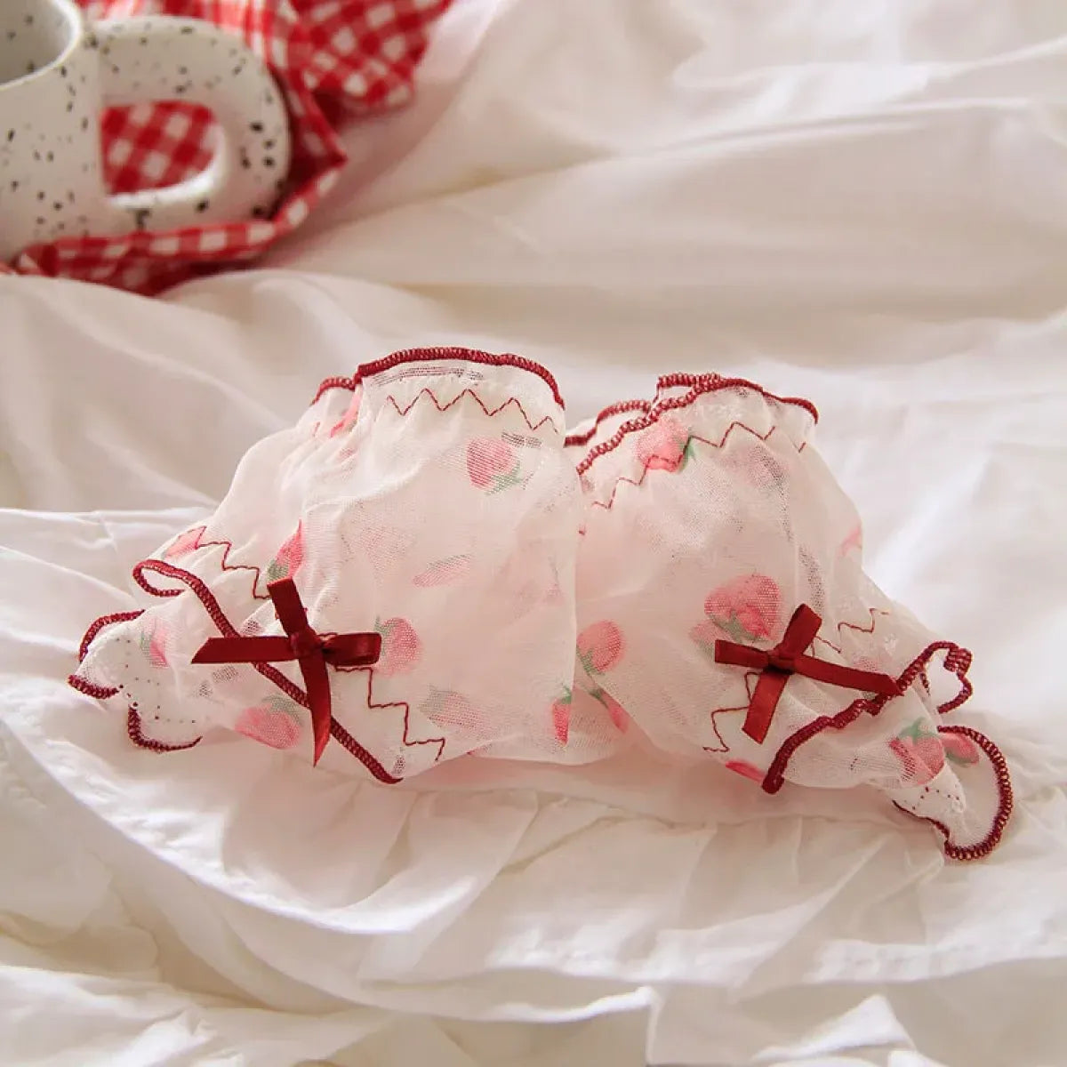 Sweet Strawberry Sheer Mesh Panties – Ruffle Lace Mid-Waist Briefs