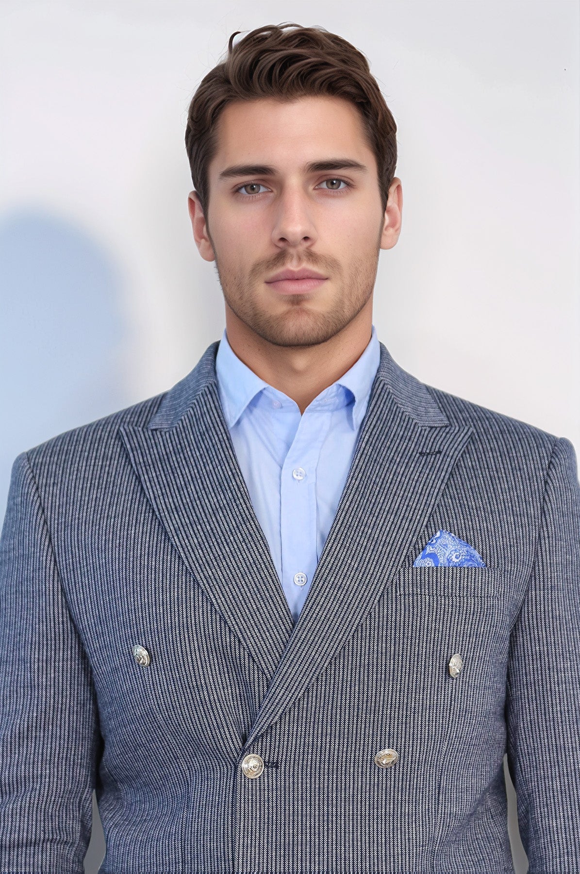 Navy Pinstriped Slim Fit Double-Breasted Blazer with Silver Metal Buttons – Wessi