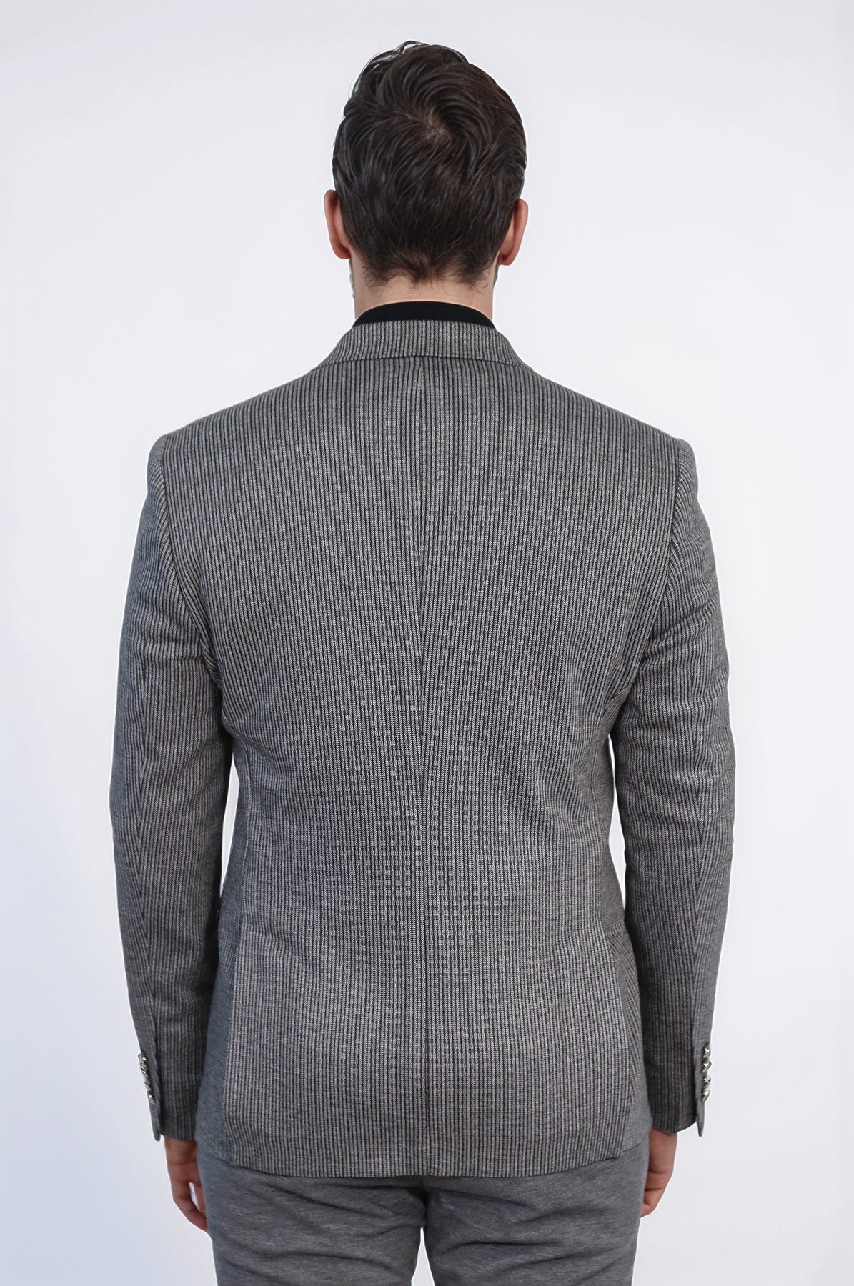 Anthracite Pinstriped Slim Fit Double-Breasted Blazer with Silver Metal Buttons – Wessi