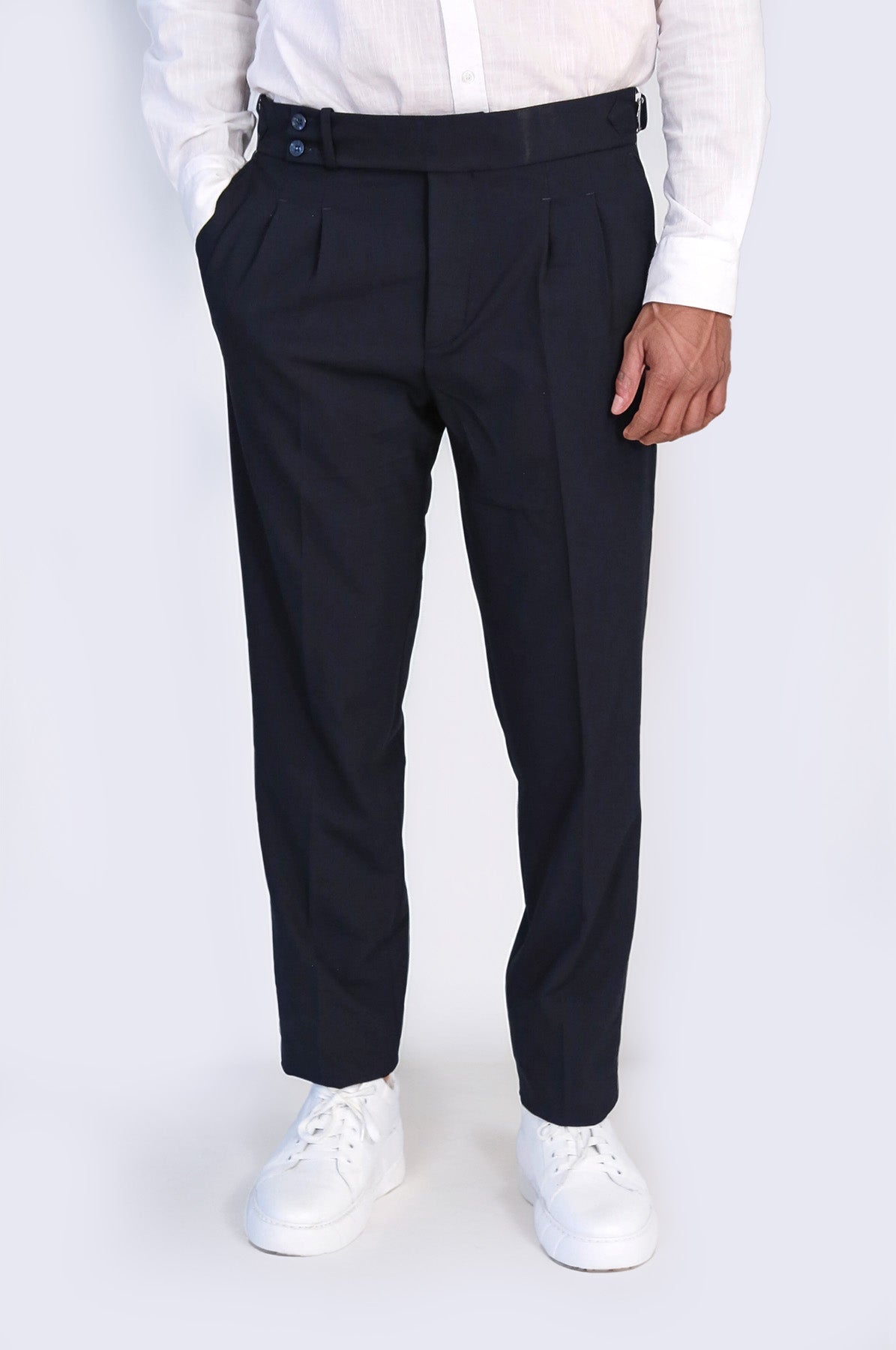 Navy Double-Pleated High-Waisted Slim Fit Trousers with Side Buckles – Wessi