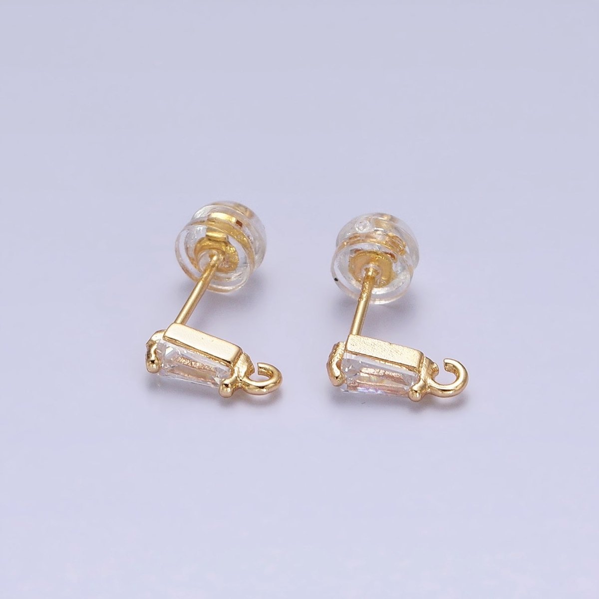 Tiny Gold CZ Baguette Setting Earring Post Rectangular Bar Stud Earrings with Open Link for Earring Component Z-176 Z-177