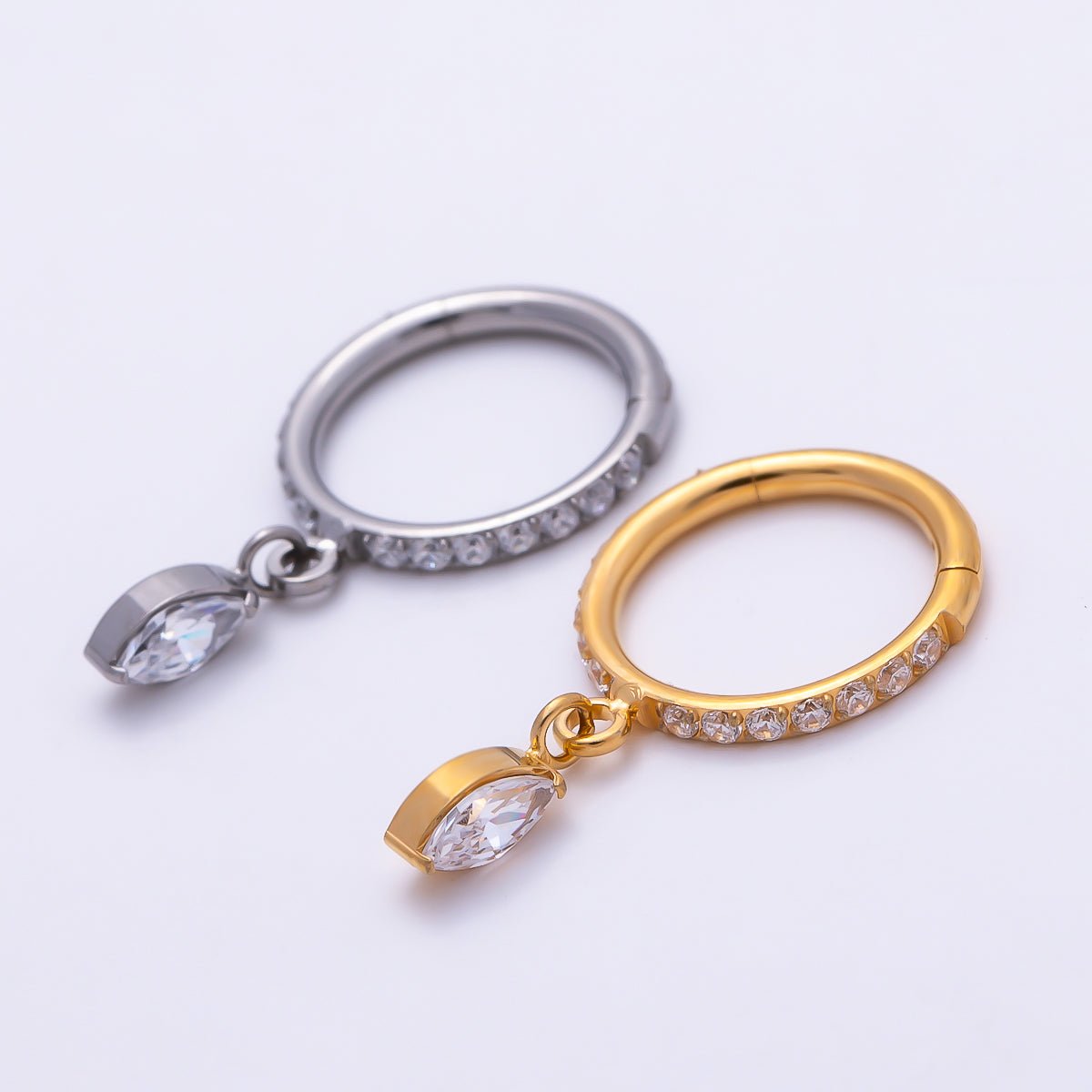Titanium 10.5mm Marquise Micro Paved CZ Oval Universal Cartilage Piercing Clicker in Gold & Silver | BJ-00240 BJ-00241