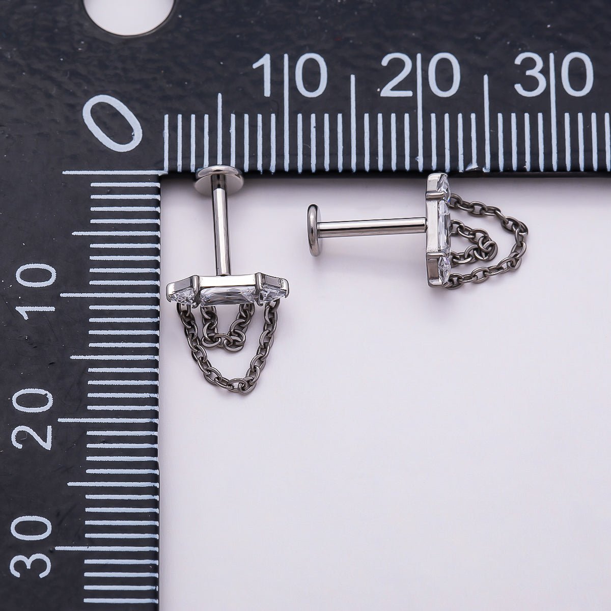 Titanium 11mm Clear CZ Baguette Chain Drop Cartilage Piercing Flat Back Stud in Gold & Silver | BJ-00168 BJ-00169