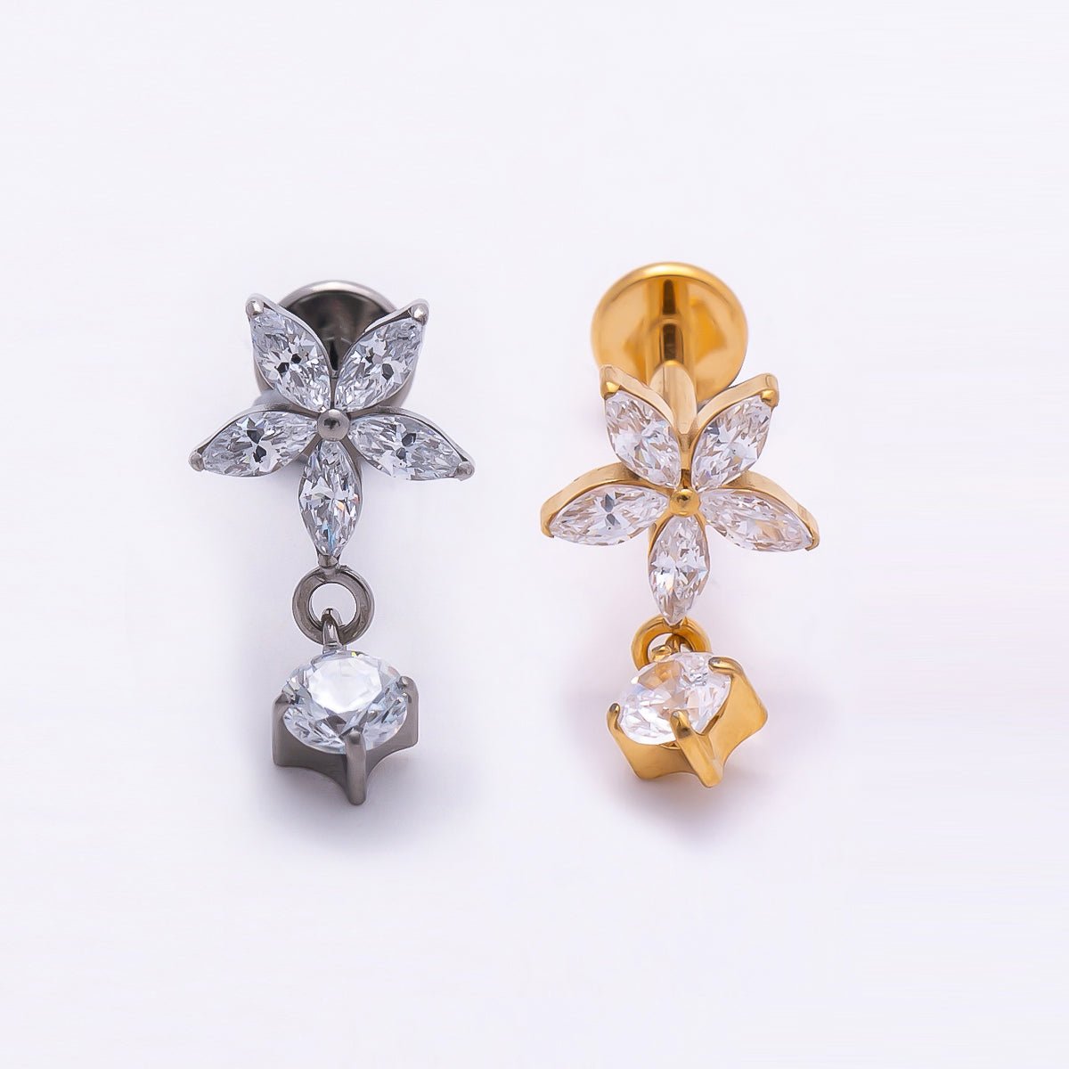 Titanium 13mm Clear CZ Flower Drop Cartilage Piercing Flat Back Stud in Gold & Silver | BJ-00170 BJ-00171