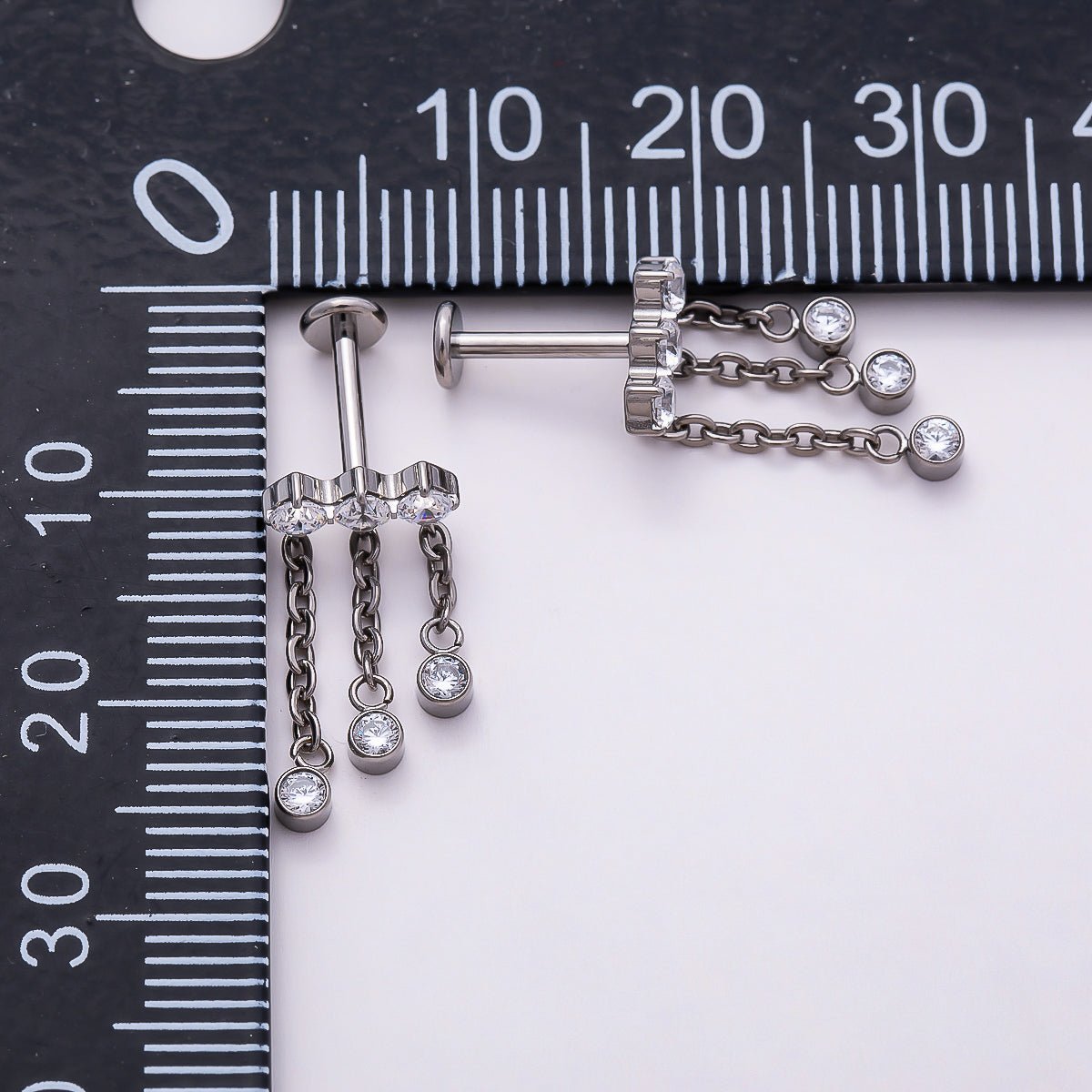 Titanium 18.5mm Triple Clear CZ Round Drop Cartilage Piercing Flat Back Stud in Gold & Silver | BJ-00172 BJ-00173