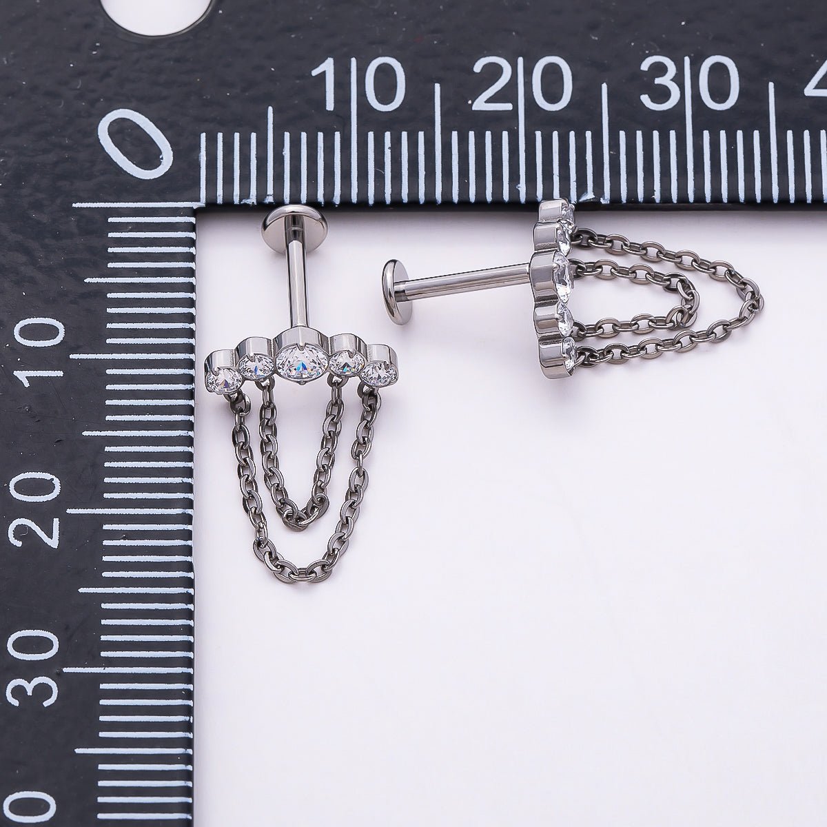 Titanium 18mm Multiple Clear CZ Round Chain Drop Cartilage Piercing Flat Back Stud in Gold & Silver | BJ-00174 BJ-00175