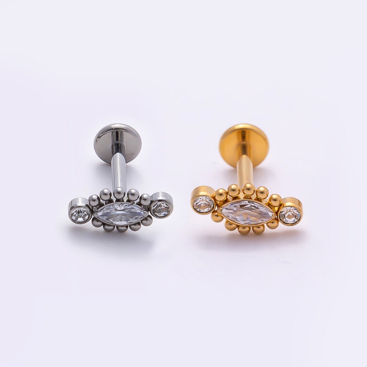 Titanium 4mm Clear CZ Marquise Bubble Cartilage Piercing Flat Back Stud in Gold & Silver | BJ-00146 BJ-00147