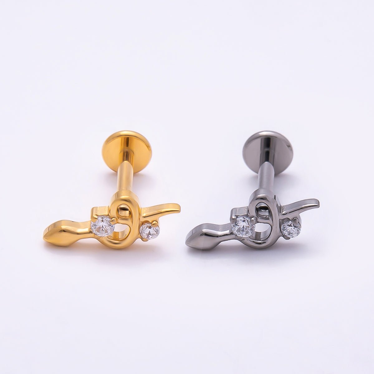 Titanium 5mm CZ Snake Cartilage Piercing Flat Back Stud in Gold & Silver | BJ-00079 BJ-00080