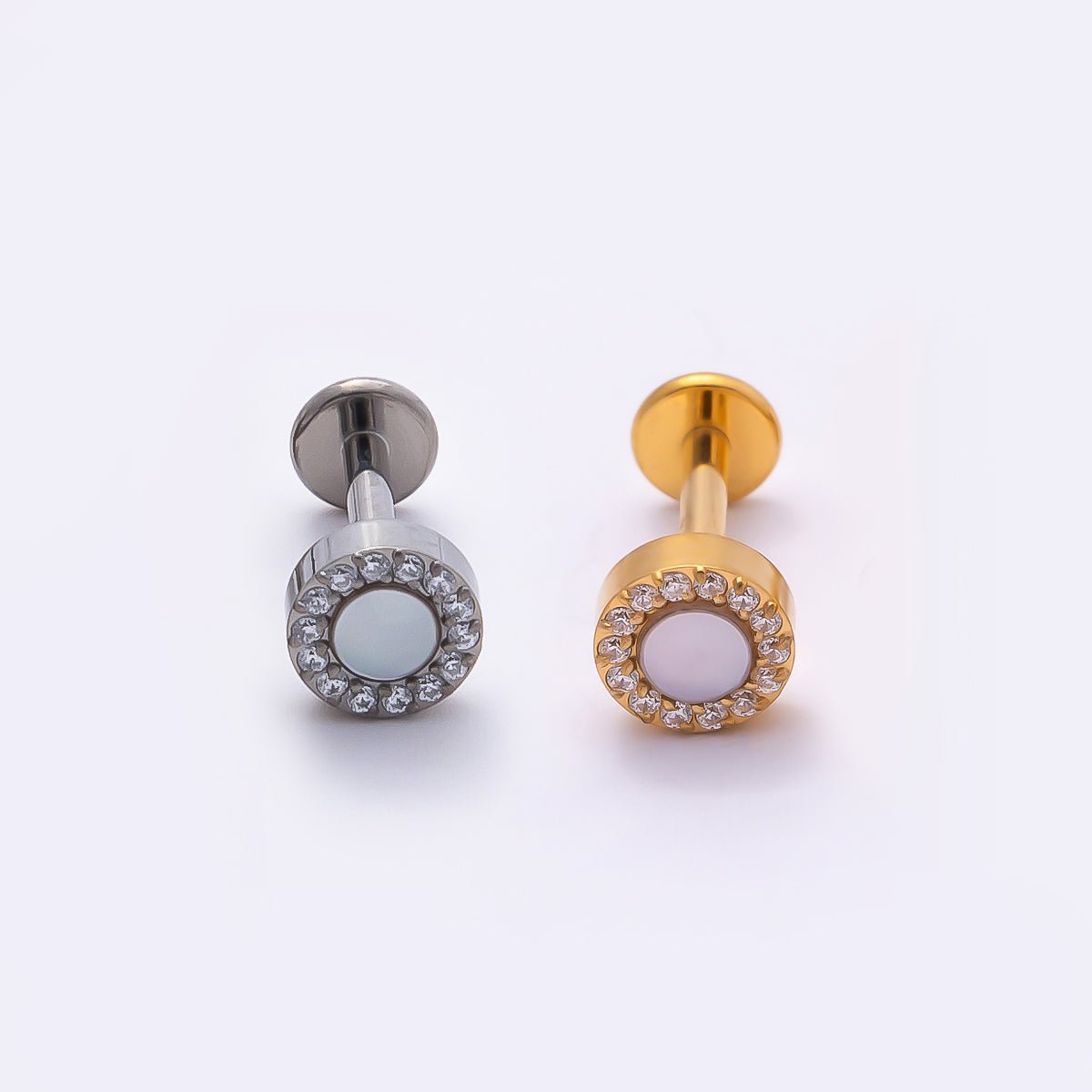 Titanium 5mm White Opal Micro Paved CZ Round Cartilage Piercing Flat Back Stud in Gold & Silver | BJ-00182 BJ-00183