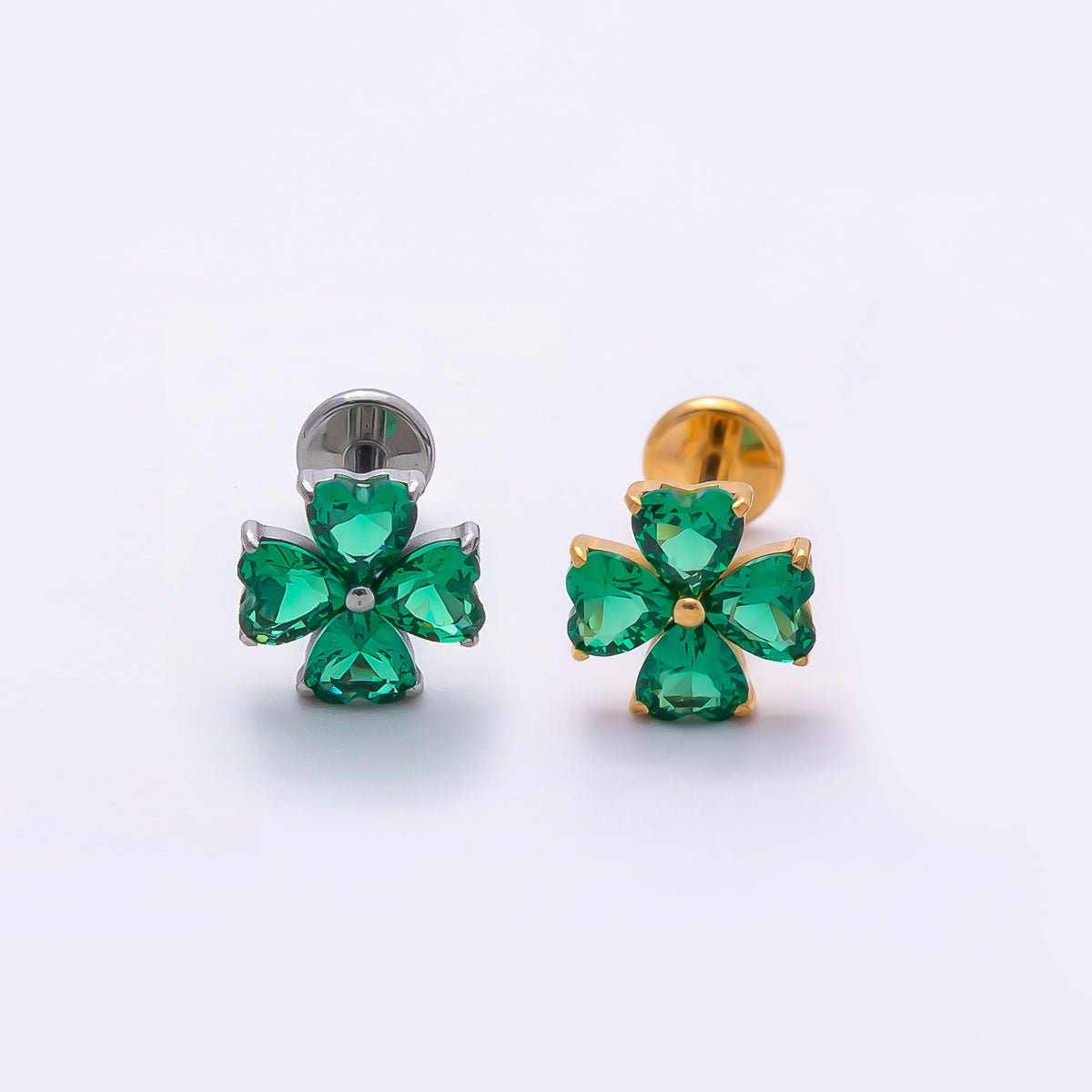 Titanium 7mm Green CZ Flower Cartilage Piercing Flat Back Stud in Gold & Silver | BJ-00190 BJ-00191