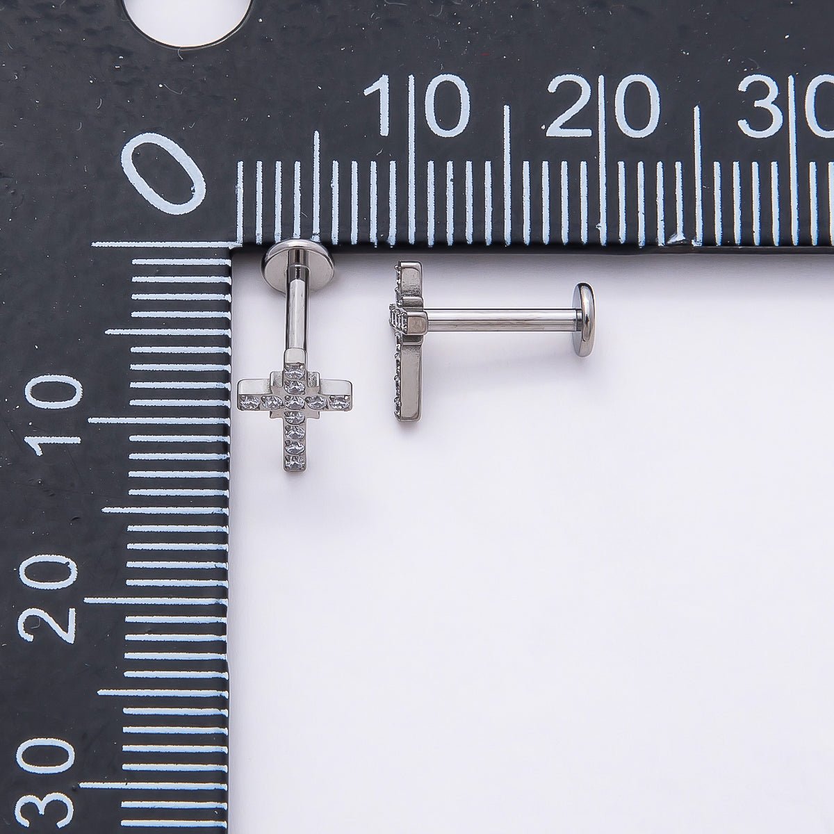 Titanium 8mm Micro Paved CZ Cross Cartilage Piercing Flat Back Stud in Gold & Silver | BJ-00198 BJ-00199