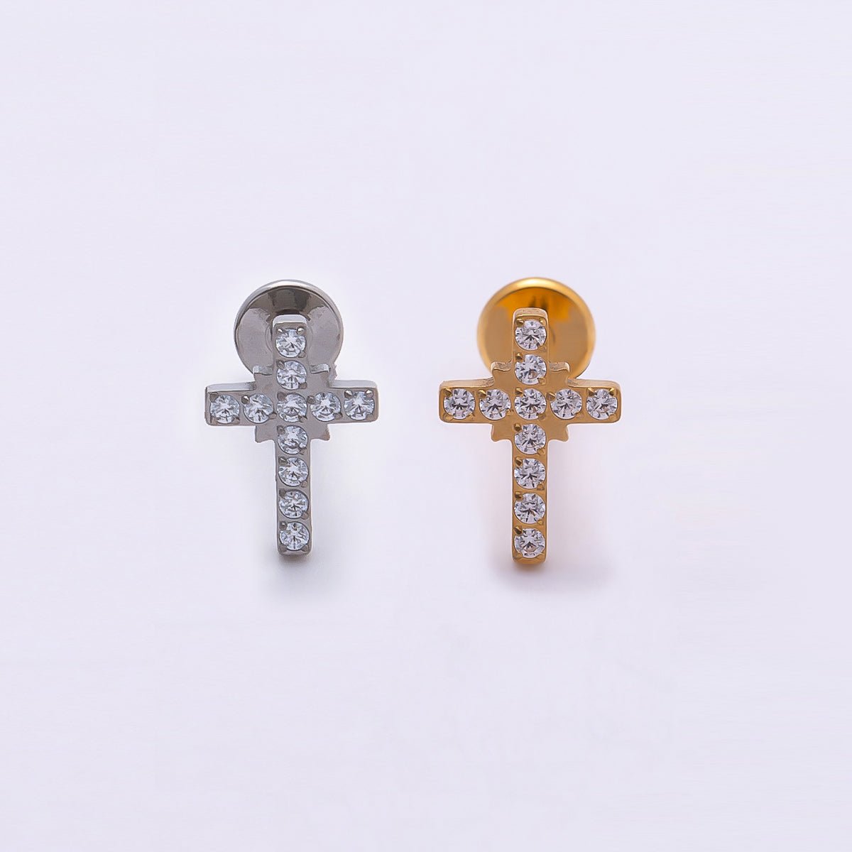 Titanium 8mm Micro Paved CZ Cross Cartilage Piercing Flat Back Stud in Gold & Silver | BJ-00198 BJ-00199