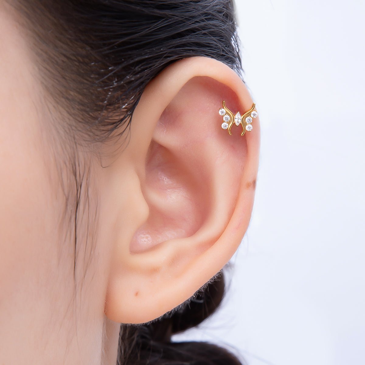 Titanium 9mm Clear Marquise CZ Butterfly Cartilage Piercing Flat Back Stud in Gold & Silver | BJ-00184 BJ-00185