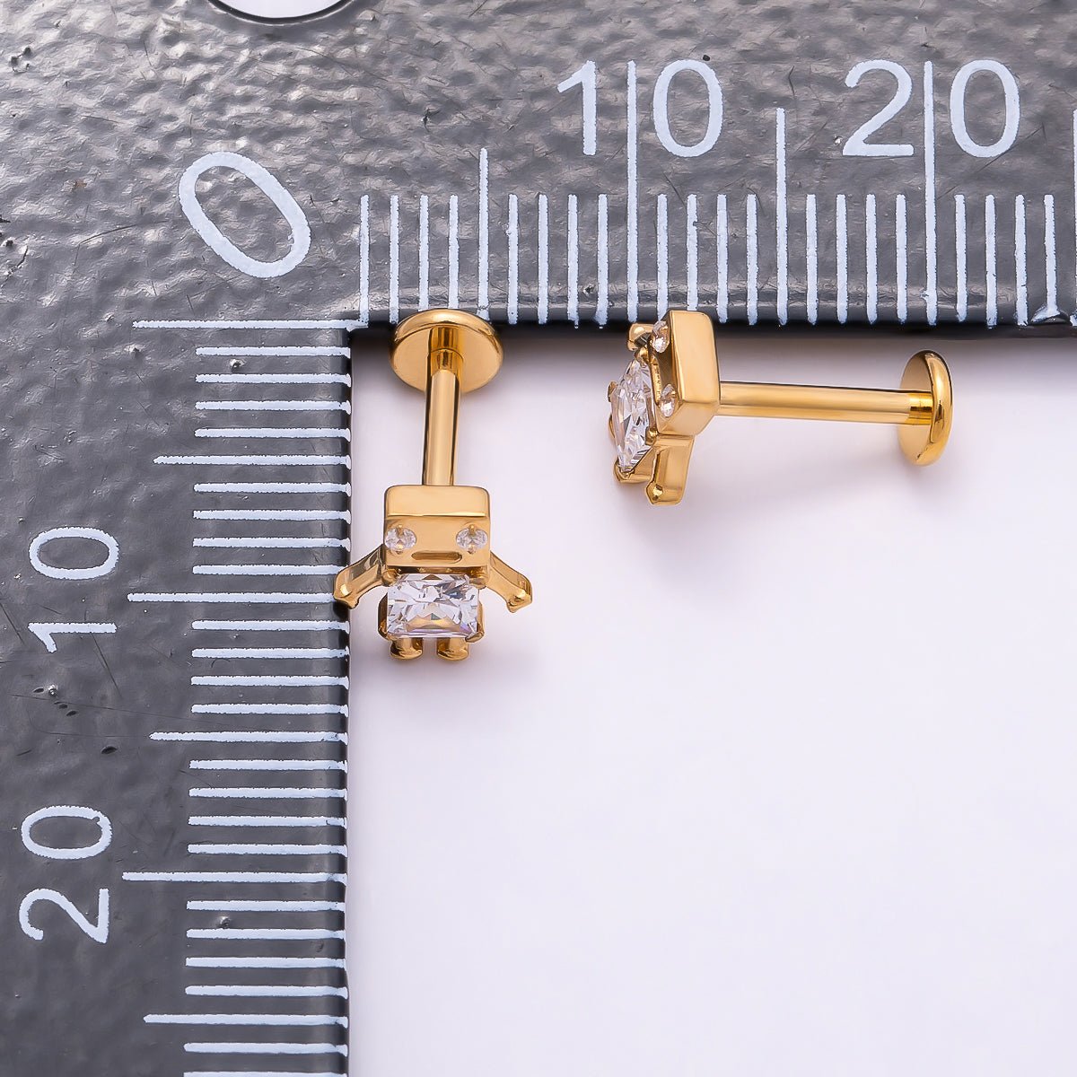 Titanium Clear CZ Robot Cartilage Piercing Flat Back Stud in Gold & Silver | BJ-00088 BJ-00089