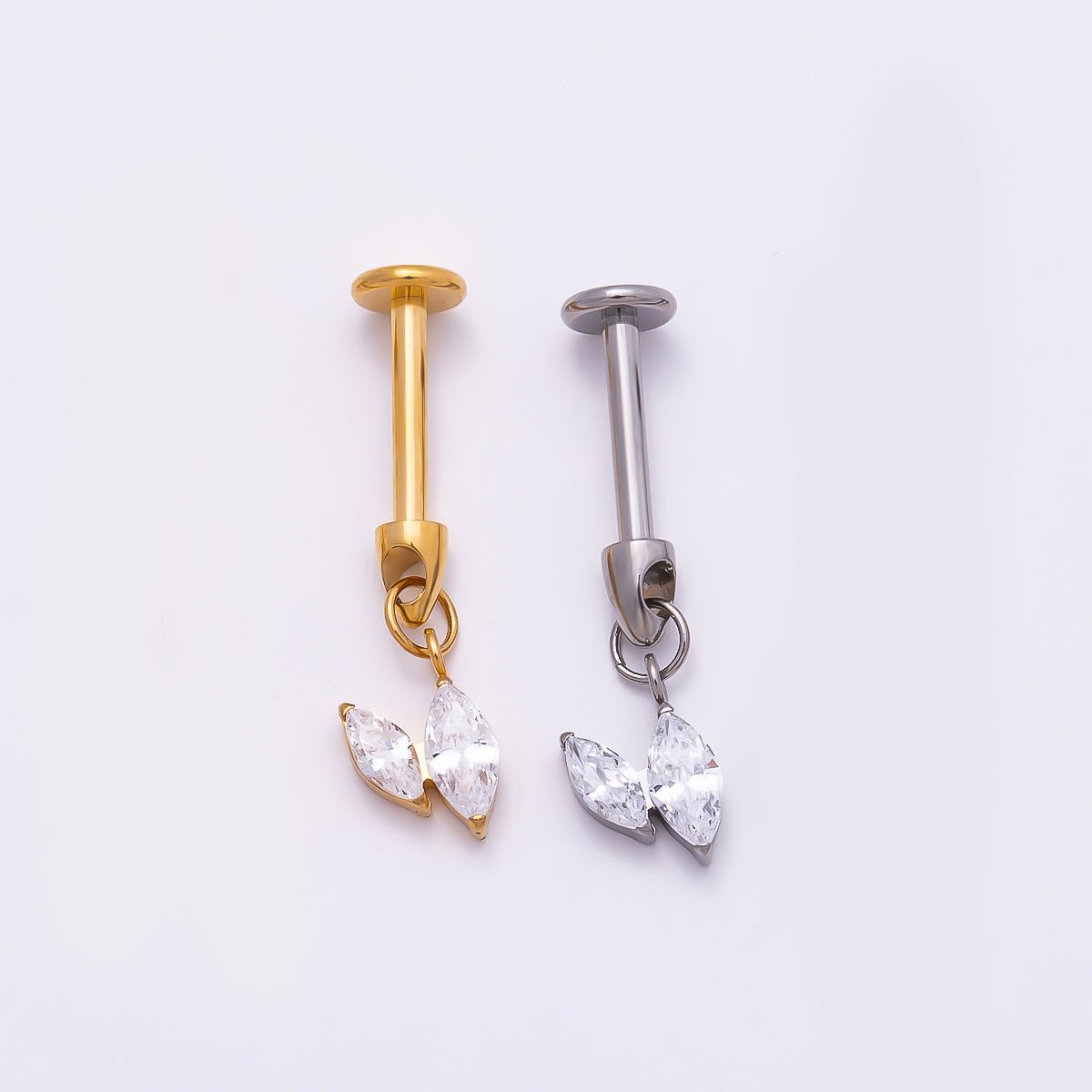 Titanium Marquise CZ Drop Cartilage Piercing Flat Back Stud in Gold & Silver | BJ-00086 BJ-00087