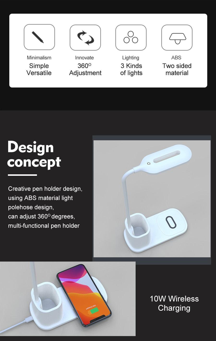 Touch Dimmable LED Desk Lamp 10W Wireless Charging/USB Charging Table Light for Children Kids Reading Study Bedside Bedroom Decorative Table Lamp Cute Study Lamps for Bedroom Décor
