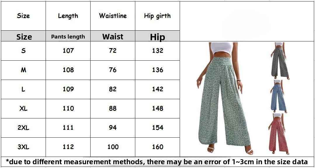 Shirred Waist Wide Leg Pants W Floral Pattern