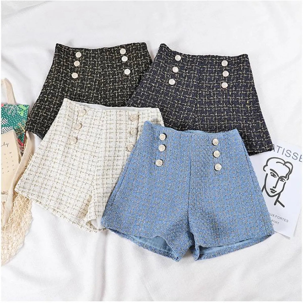 Button Decorated Tweed Shorts for Women