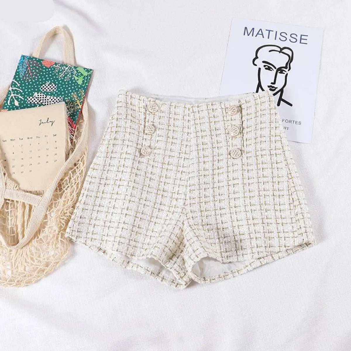 Button Decorated Tweed Shorts for Women