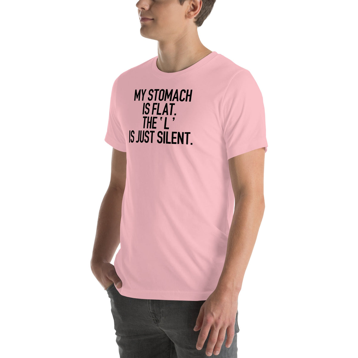 Body Humor Pun Graphic T-Shirt – "My Stomach Is Flat The L Is Just Silent"