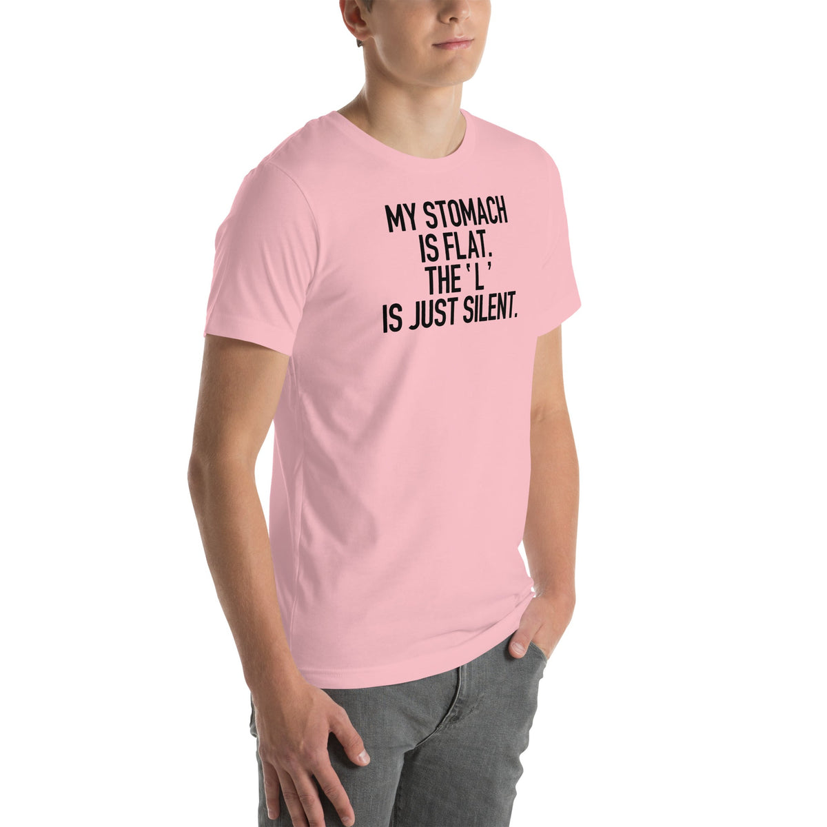 Body Humor Pun Graphic T-Shirt – "My Stomach Is Flat The L Is Just Silent"