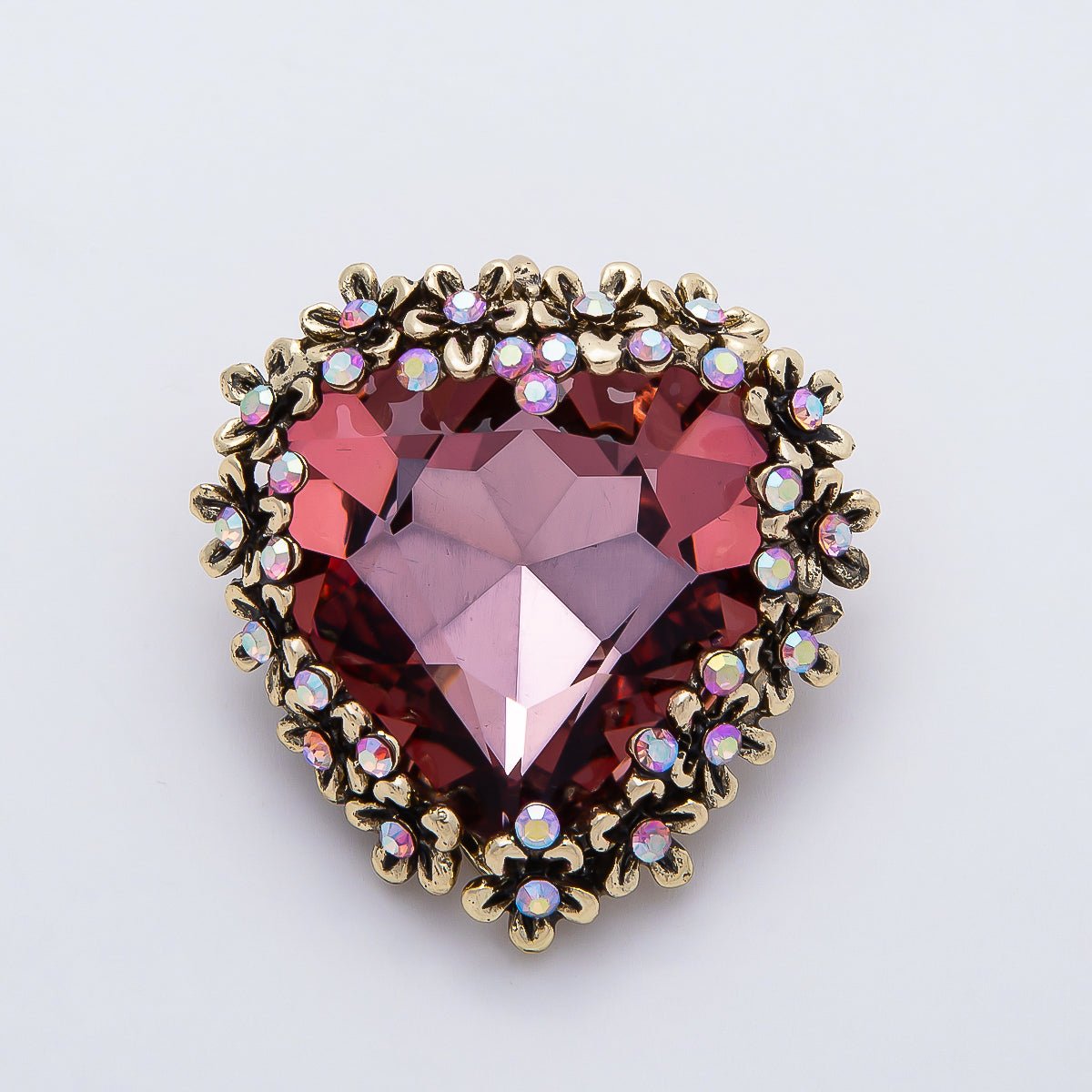Vintage Gold 36mm Red Rhinestone Flower Heart Pin Brooch | BH-00121