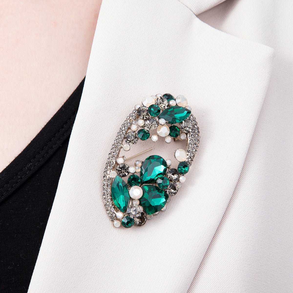 Vintage Gold 63mm Grey, Green, Clear Multi-Cut Rhinestone Open Oval Statement Pin Brooch | BH-00177 ~ BH-00179