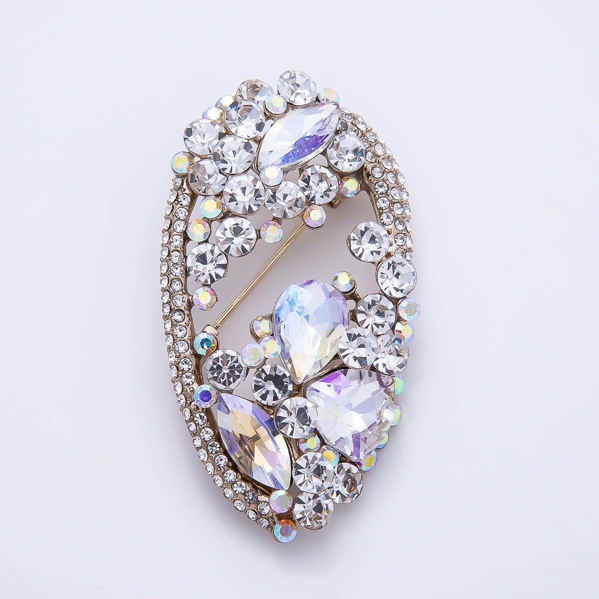 Vintage Gold 63mm Grey, Green, Clear Multi-Cut Rhinestone Open Oval Statement Pin Brooch | BH-00177 ~ BH-00179