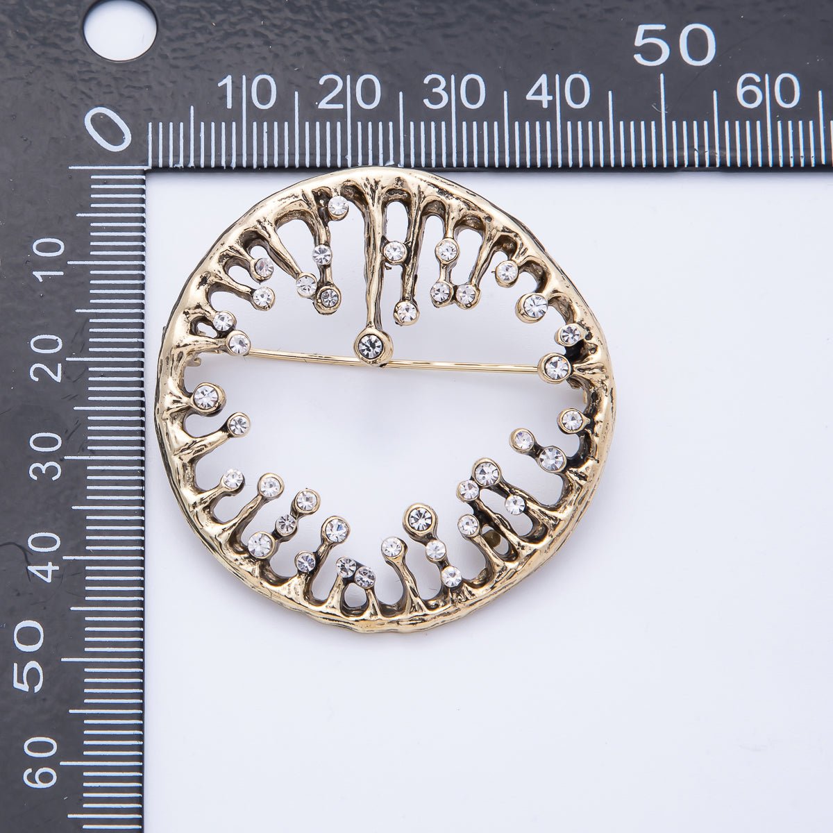 Vintage Gold Rhinestone Round Molten Drip Open Round Pin Brooch | BH-086