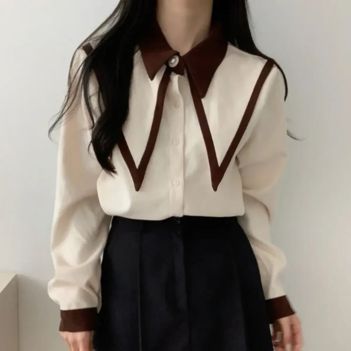 Vintage Peaked Collar Blouse β Elegant Puff Sleeve Button-Up Shirt