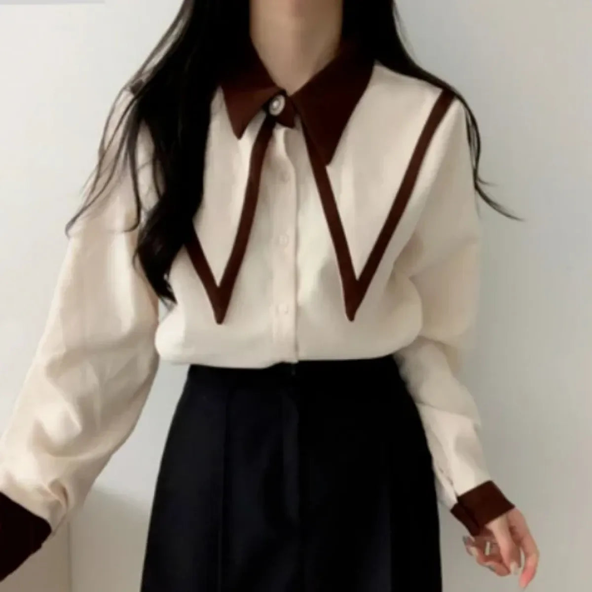 Vintage Peaked Collar Blouse β Elegant Puff Sleeve Button-Up Shirt