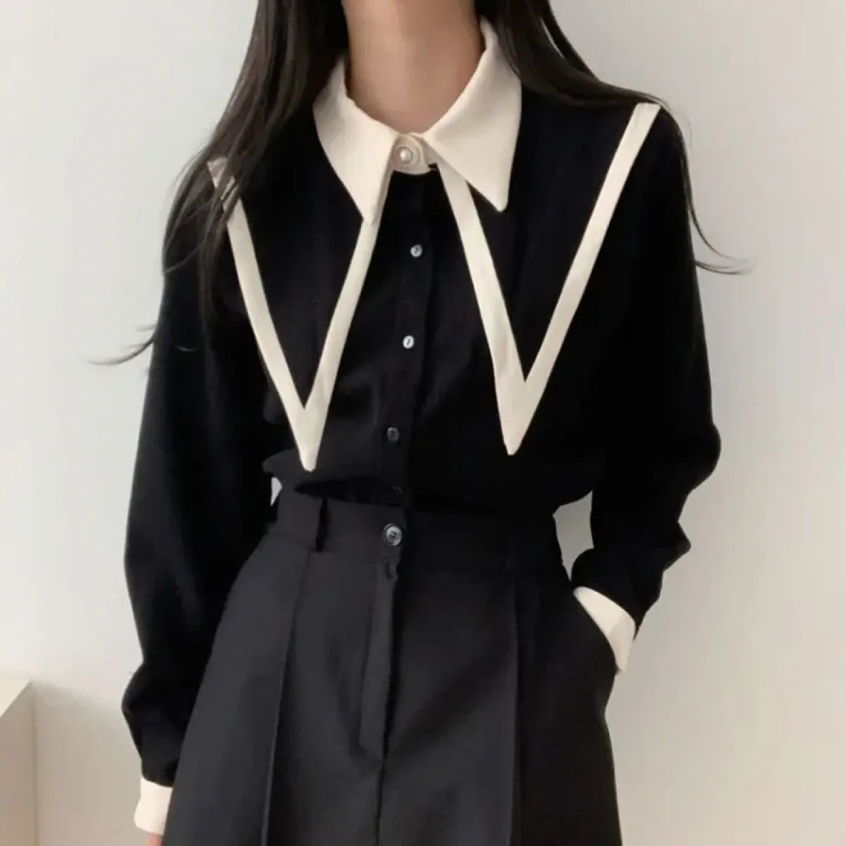 Vintage Peaked Collar Blouse β Elegant Puff Sleeve Button-Up Shirt