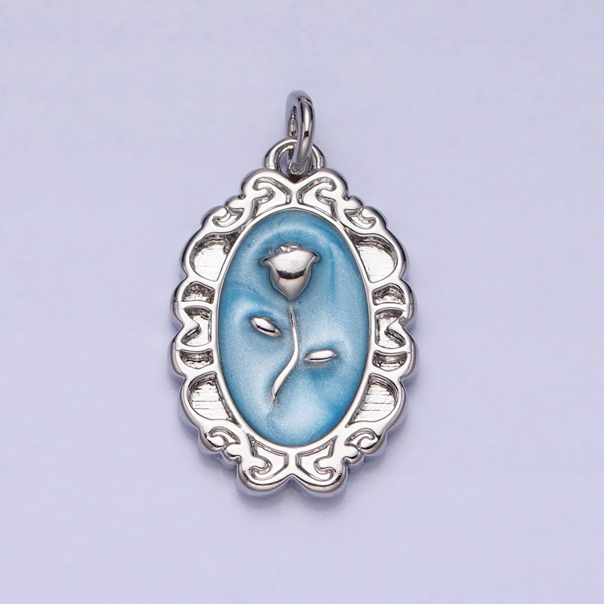 White, Blue, Pink Sparkly Enamel Rose Flower Oval Charm in Gold & Silver | AC649 - AC654