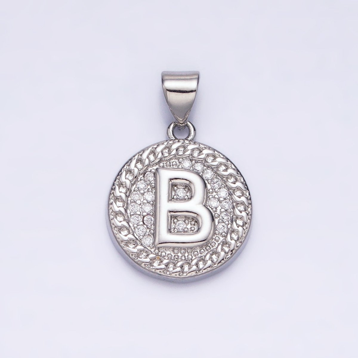 White Gold Filled Initial Letter A-Z Micro Paved Curb Link Round Coin Pendant | A-455-A-467