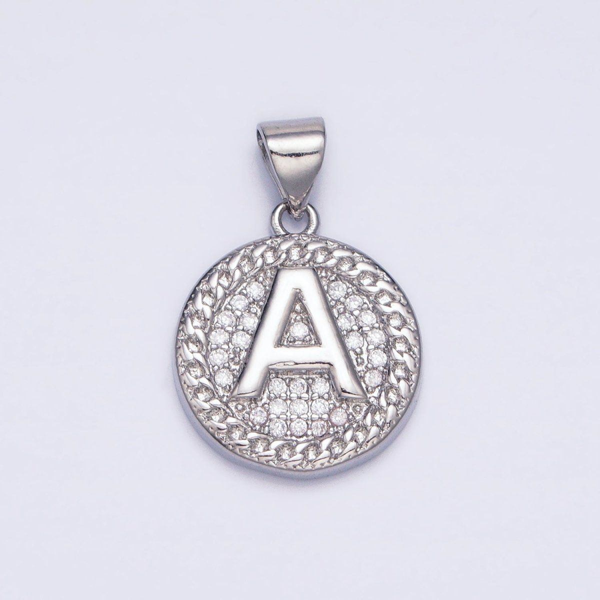 White Gold Filled Initial Letter A-Z Micro Paved Curb Link Round Coin Pendant | A-455-A-467