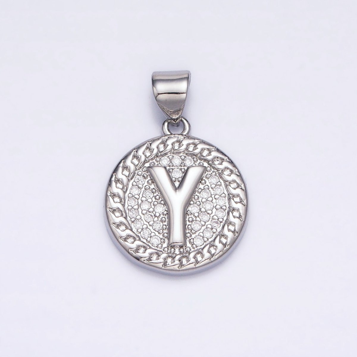 White Gold Filled Initial Letter A-Z Micro Paved Curb Link Round Coin Pendant | A-455-A-467